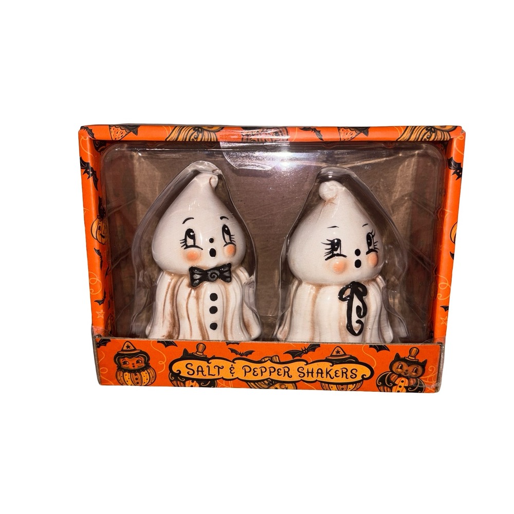 Halloween Ghost Salt & Pepper Shakers Vintage Inspired Ceramic Spooky Decor NEW